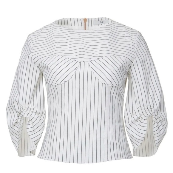 TIBI CECIL STRIPE PEPLUM CORSET TOP‎ Blouse Linen Cotton Size 2 - Picture 1 of 14